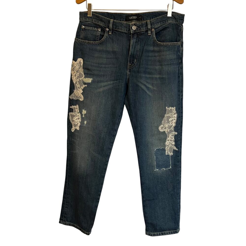 Lauren Ralph Lauren Lace Patchwork Relaxed Tapered Jeans Blue Straight Denim 8